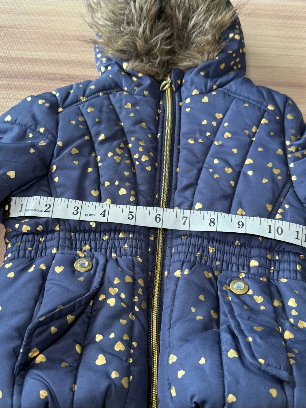 Rothschild 1881 Girls 2T Navy Gold Heart Puffer Coat Faux Fur Hood Winter Jack